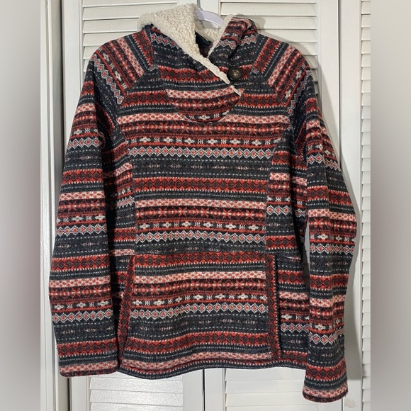 Koppen Sweater Size XL Red/Black Striped Hooded Pocket Sherpa Fleece Lining - Picture 1 of 9